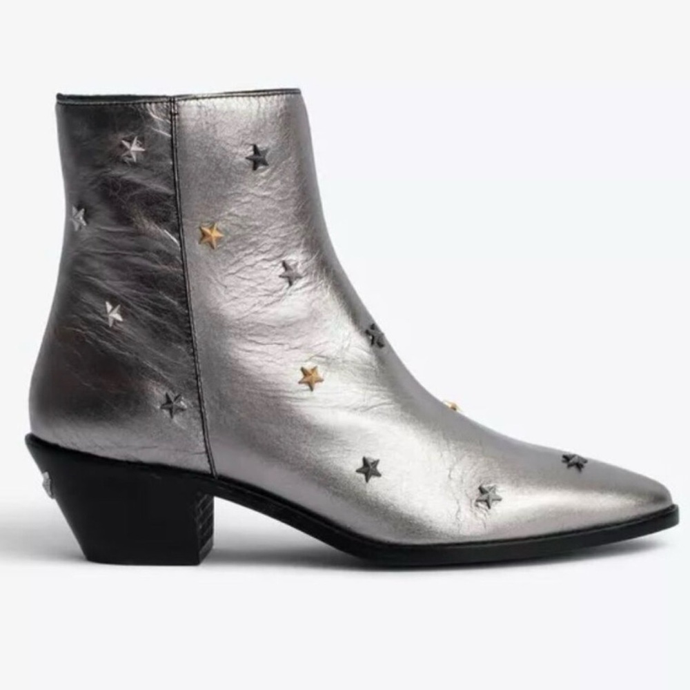 Zadig & Voltaire Metallic Silver Star-Stud Ankle Boots